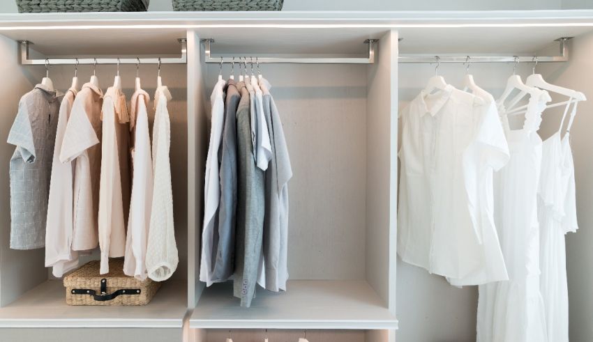 A closet full of white t - shirts and a basket.