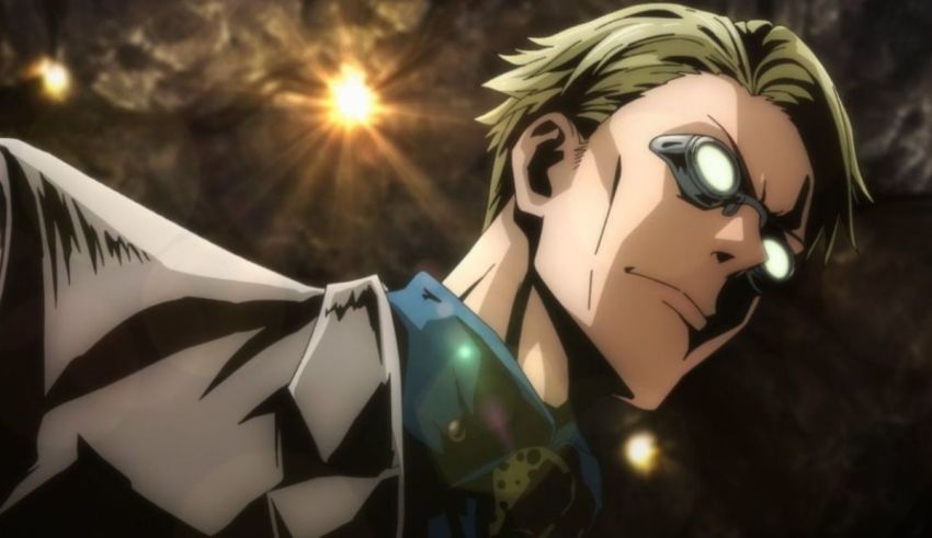 An anime character with glasses and a dark background.