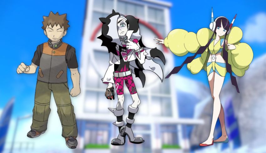 A group of anime characters standing in front of a building.