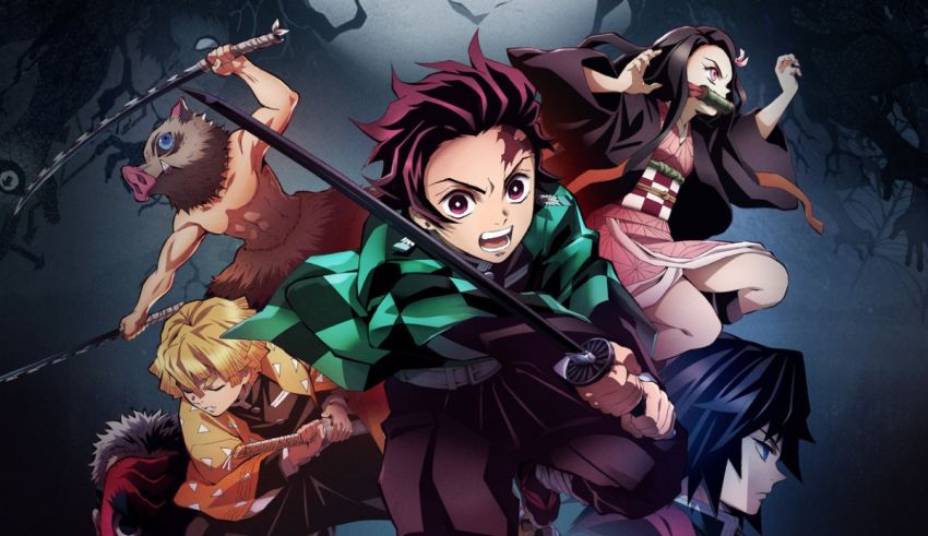 A group of anime characters with swords in front of a dark background.