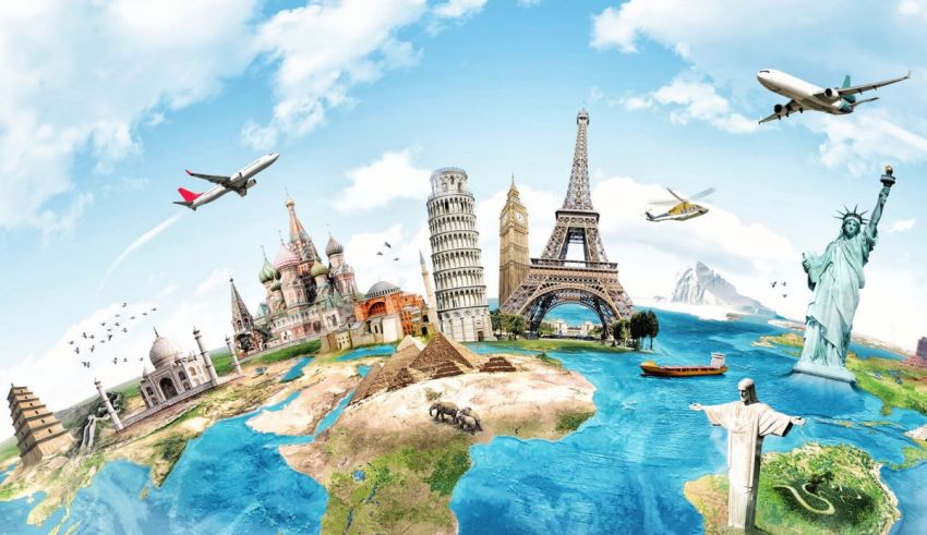 A world map with various travel landmarks around it.