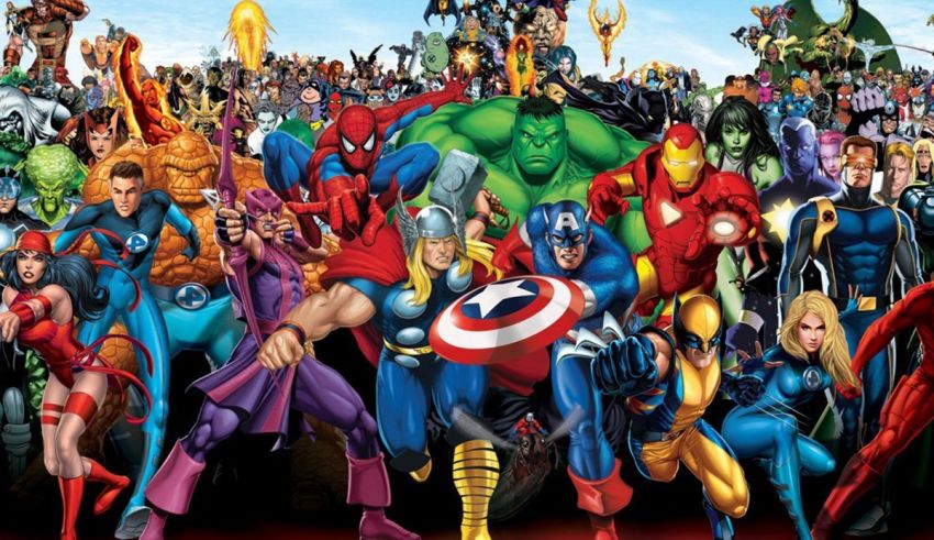 A large group of avengers characters standing together.