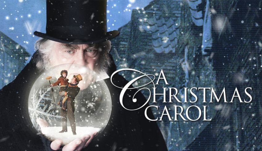 A christmas carol with a man holding a snow globe.