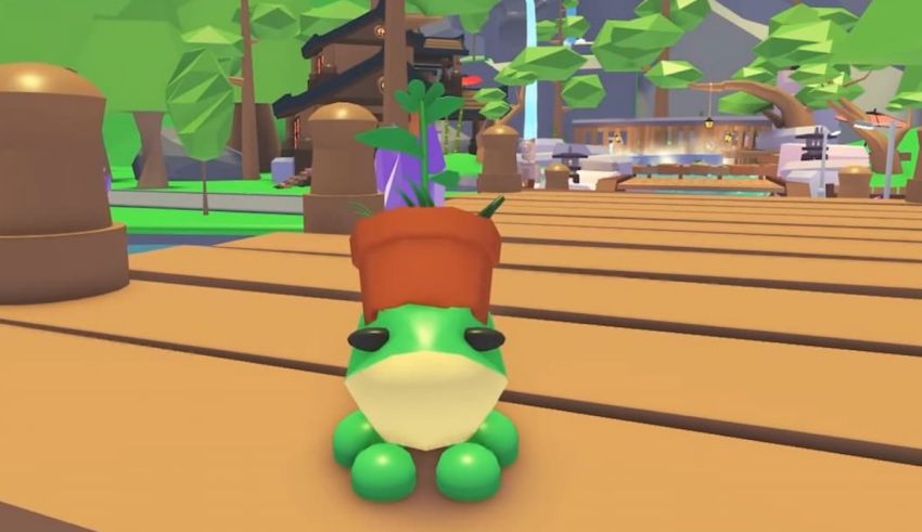 A green frog is sitting on a wooden platform.