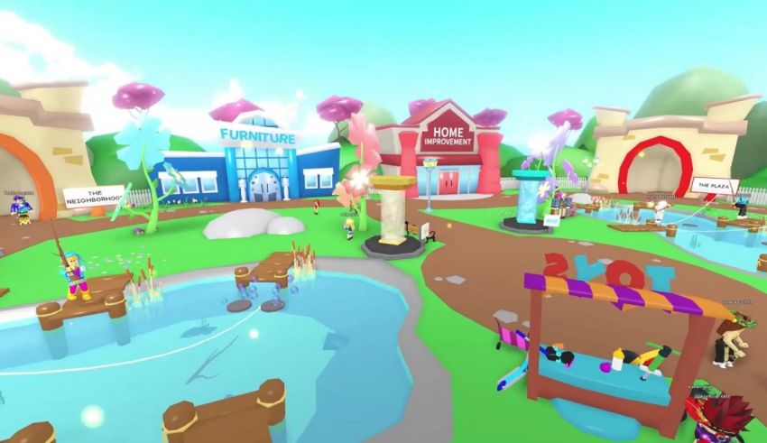 A screenshot of a game with a lot of people and a pond.