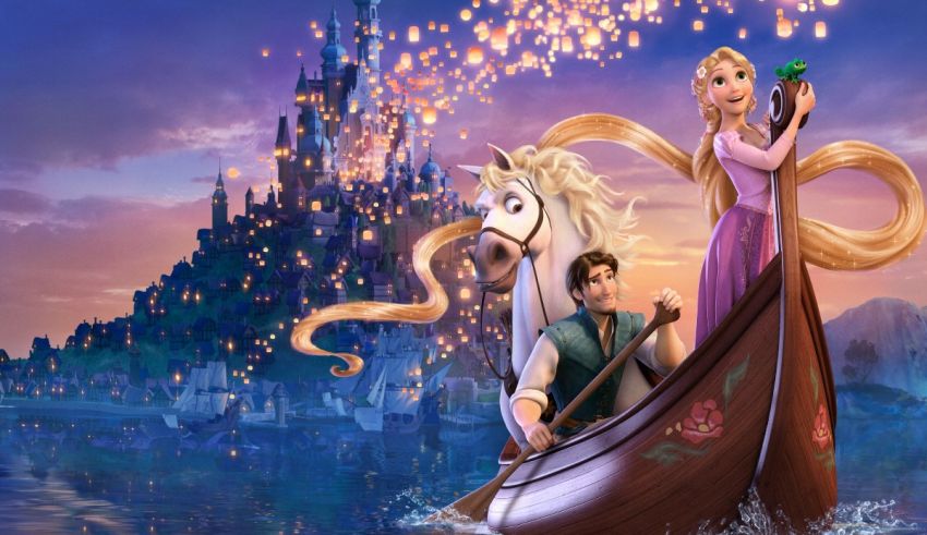 Rapunzel and rapunzel in a boat with a castle in the background.