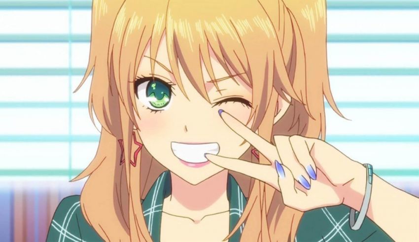 A girl with green eyes is making a peace sign.