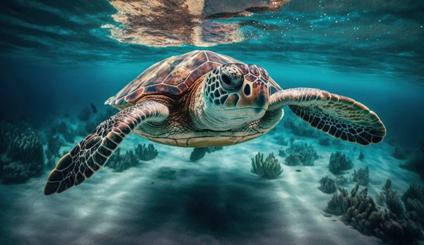 A green sea turtle swimming in the ocean.