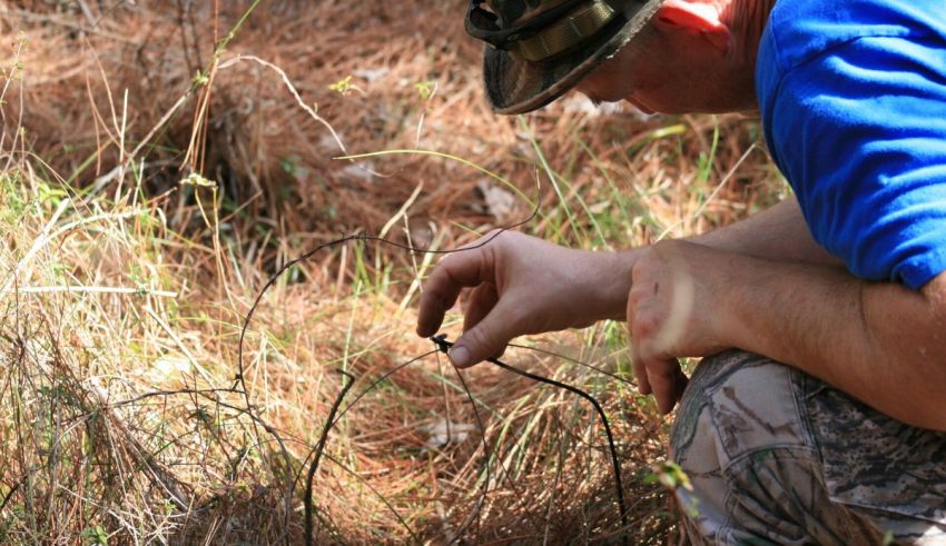 A man in camouflage kneeling in the grass.