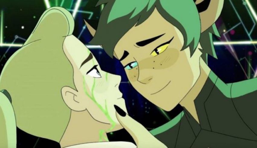 An animated couple kissing in front of a neon light.