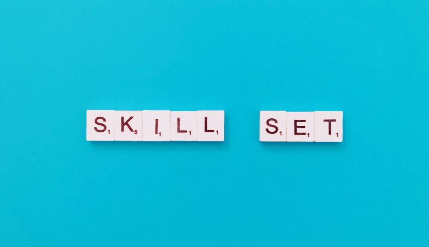 The word skill set on a turquoise background.