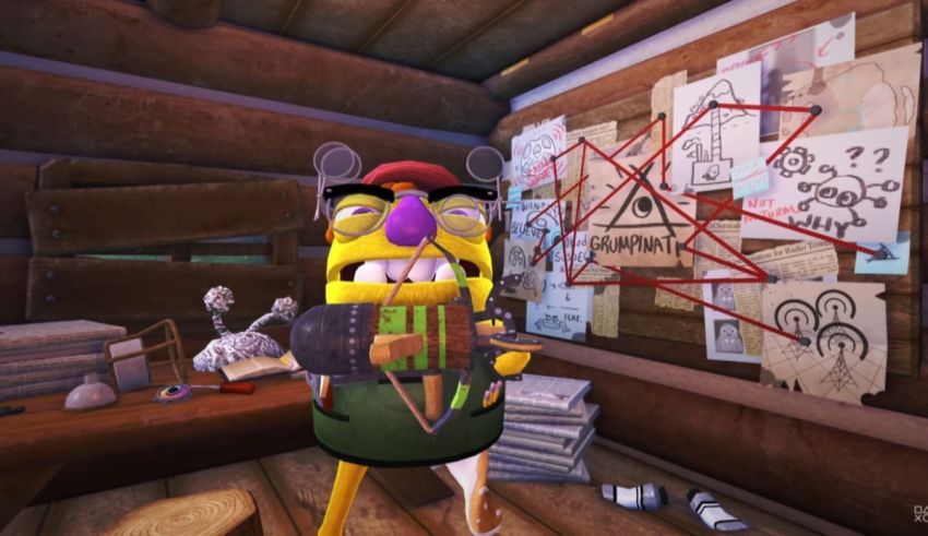 A cartoon character is standing in front of a room.