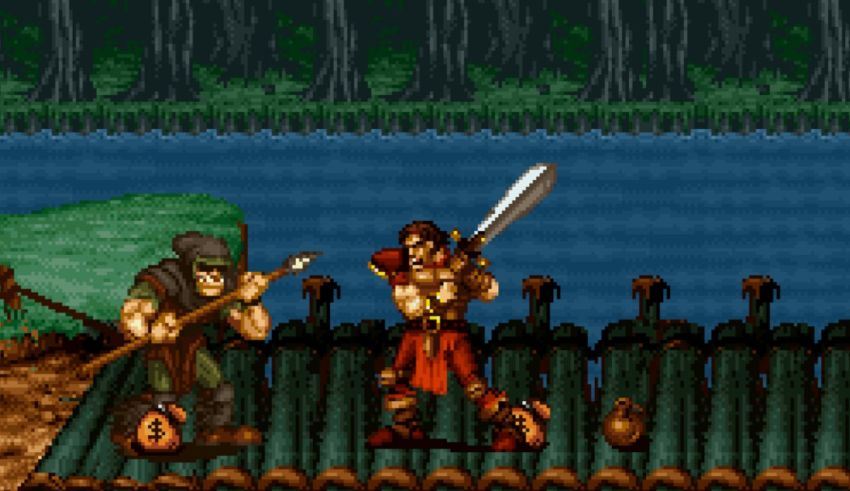 A screenshot of a video game showing two men on a bridge.