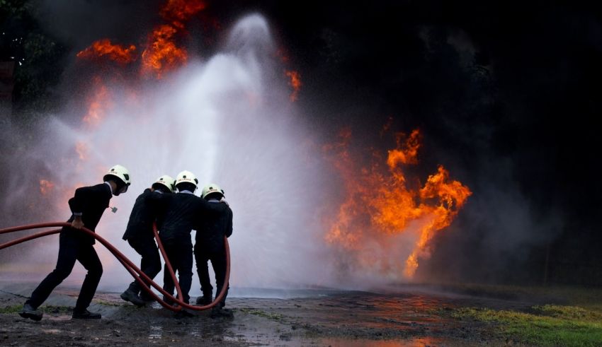 A group of fire fighters standing in front of a fire hydrant.