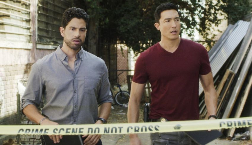 Two men standing in front of a police tape.