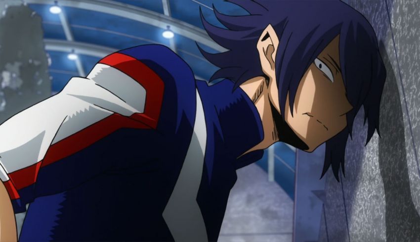 An anime character leaning against a wall.