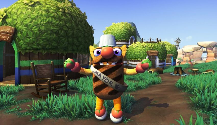 A cartoon character is standing in front of a house.