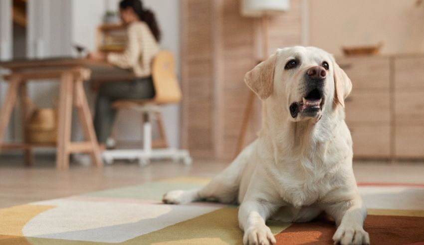 A white labrador dog laying on the floor in front of a woman's desk.