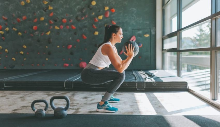 A woman doing squats with kettle balls in a gym.