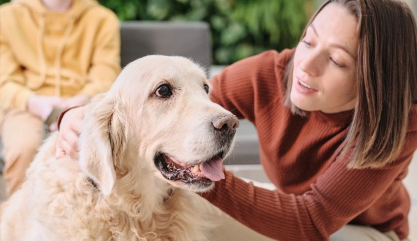A woman petting a dog in front of a family.