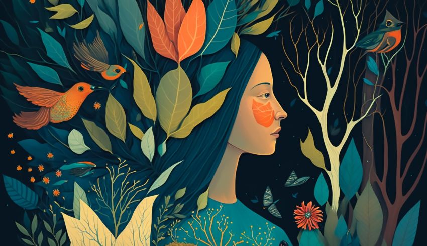 An illustration of a woman in the forest with birds in her hair.