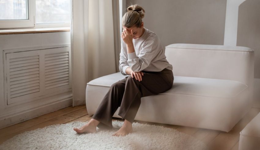 A woman sitting on a white couch in front of a window.