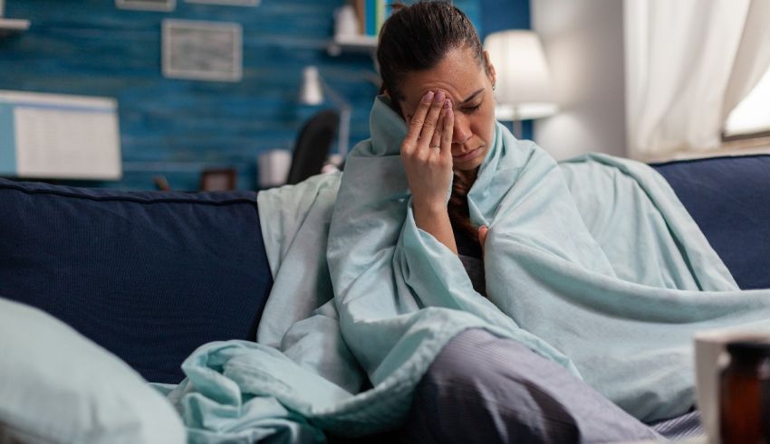 A woman wrapped in a blanket sitting on a couch.