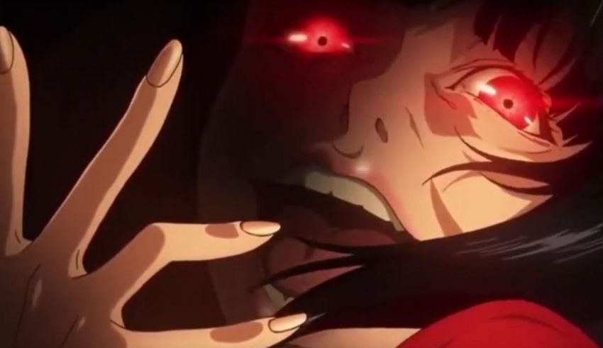 A cartoon of a woman with red eyes and a hand.