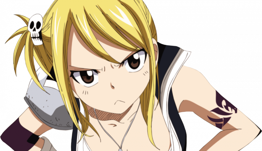 An anime girl with blonde hair and a skull on her head.