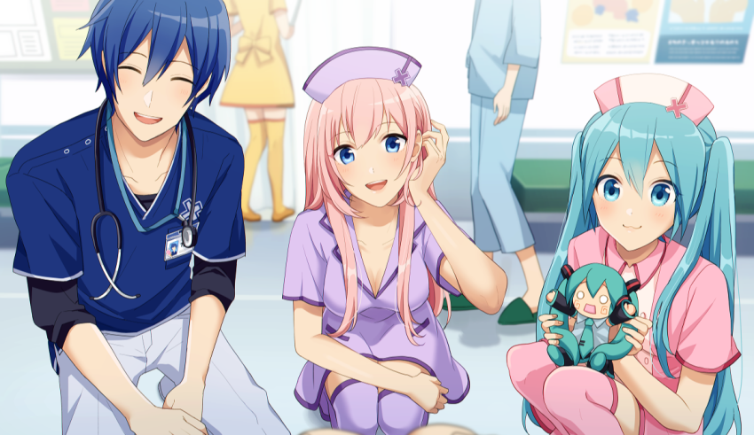 A group of anime characters sitting on the floor.