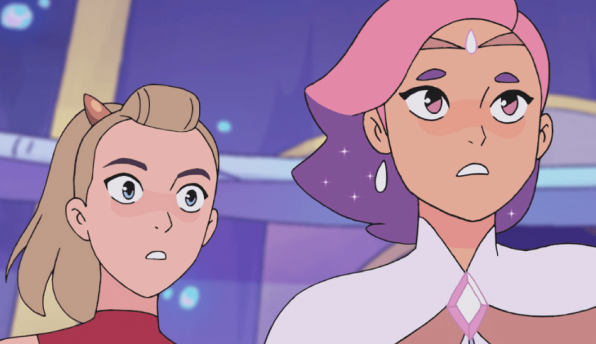 Two cartoon characters with pink hair standing next to each other.