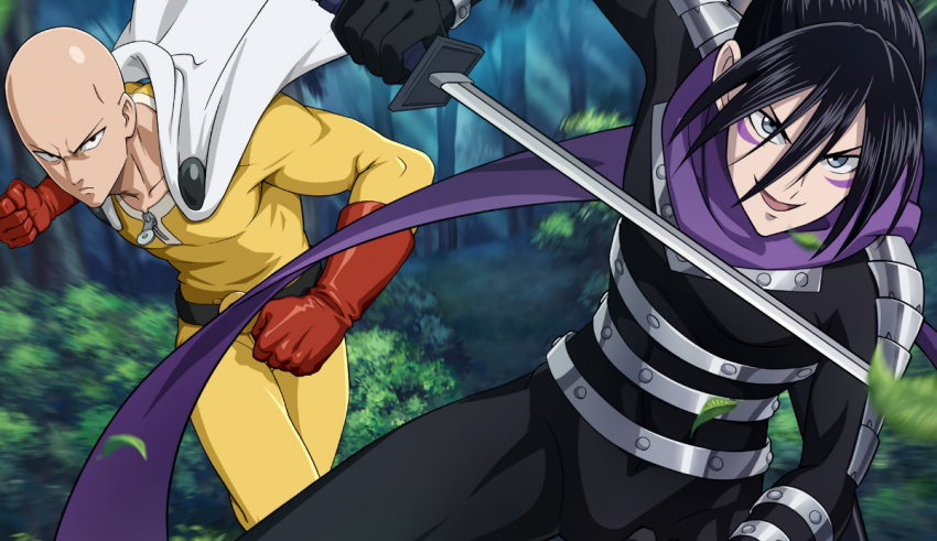 Two anime characters with swords in the woods.