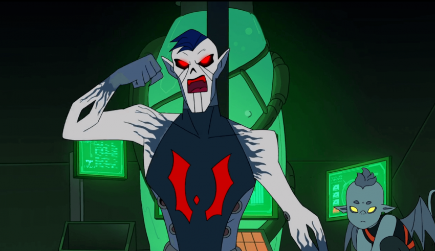 A cartoon character is standing in front of a green screen.