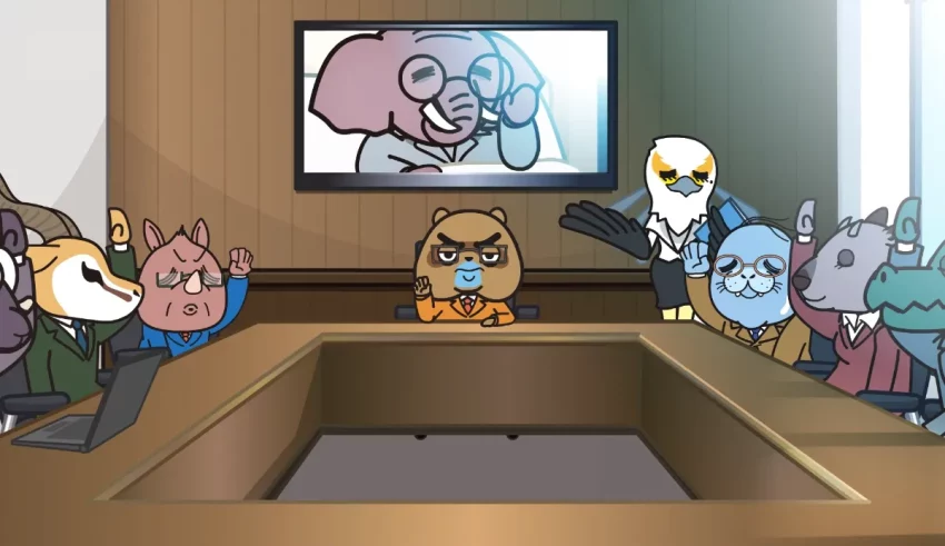 A group of cartoon characters sitting around a table.