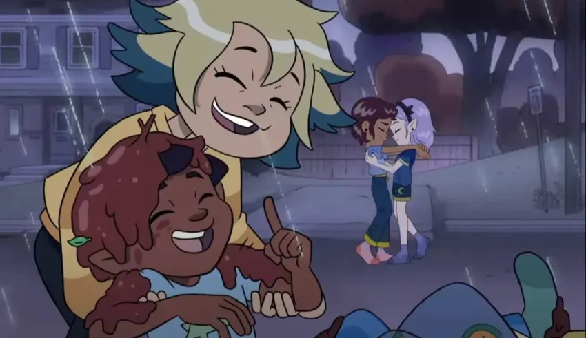 A cartoon girl is holding a girl in the rain.