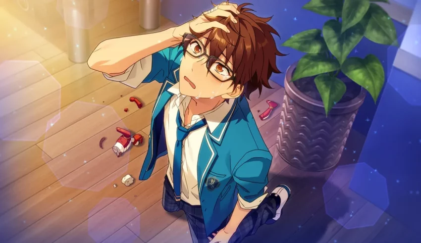 A boy wearing glasses and a blue jacket is standing on the floor.