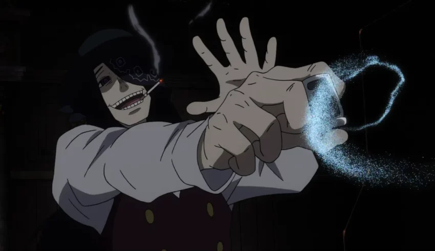 An anime character is holding a smoke grenade.