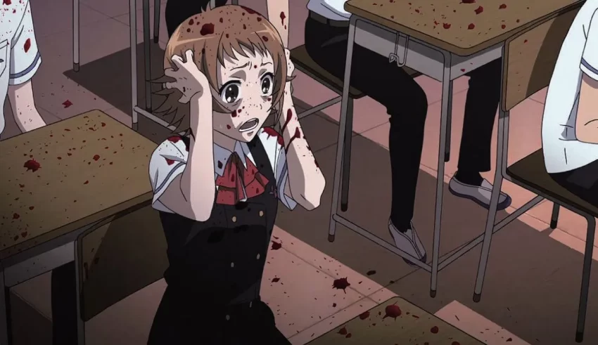 A group of people sitting at desks in an anime classroom.