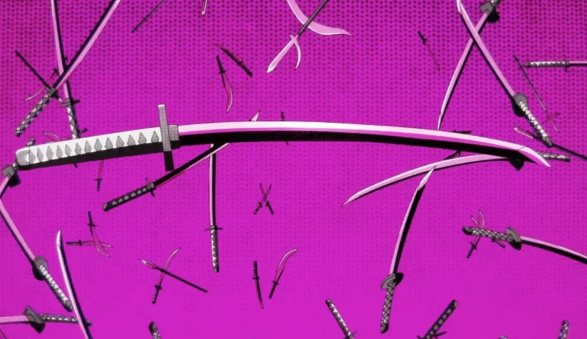 A bunch of samurai swords on a pink background.