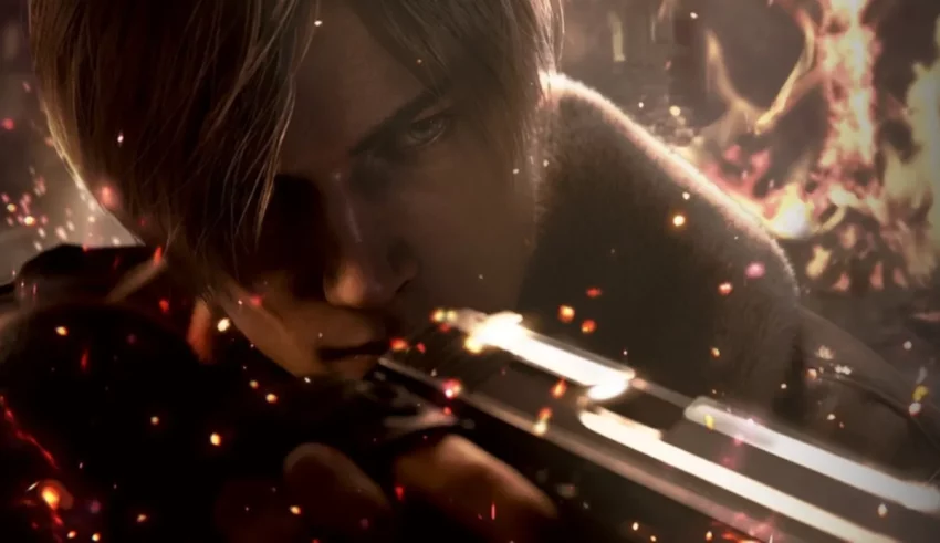 A man holding a gun in front of a fire.